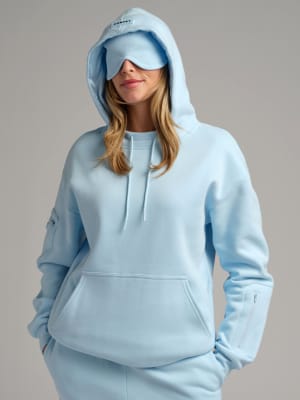 VIP Airplane Mode Travel Hoodie: Tyler is 5'9" and wears a size S