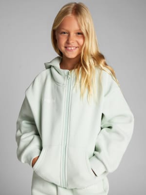 Cloud Zip Kids Hoodie: Arina is 9, 54" tall, wearing size S