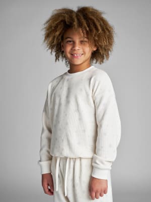 Waffle Kids Lounge Long Sleeve: Logan is 8, 56" tall, wearing size S